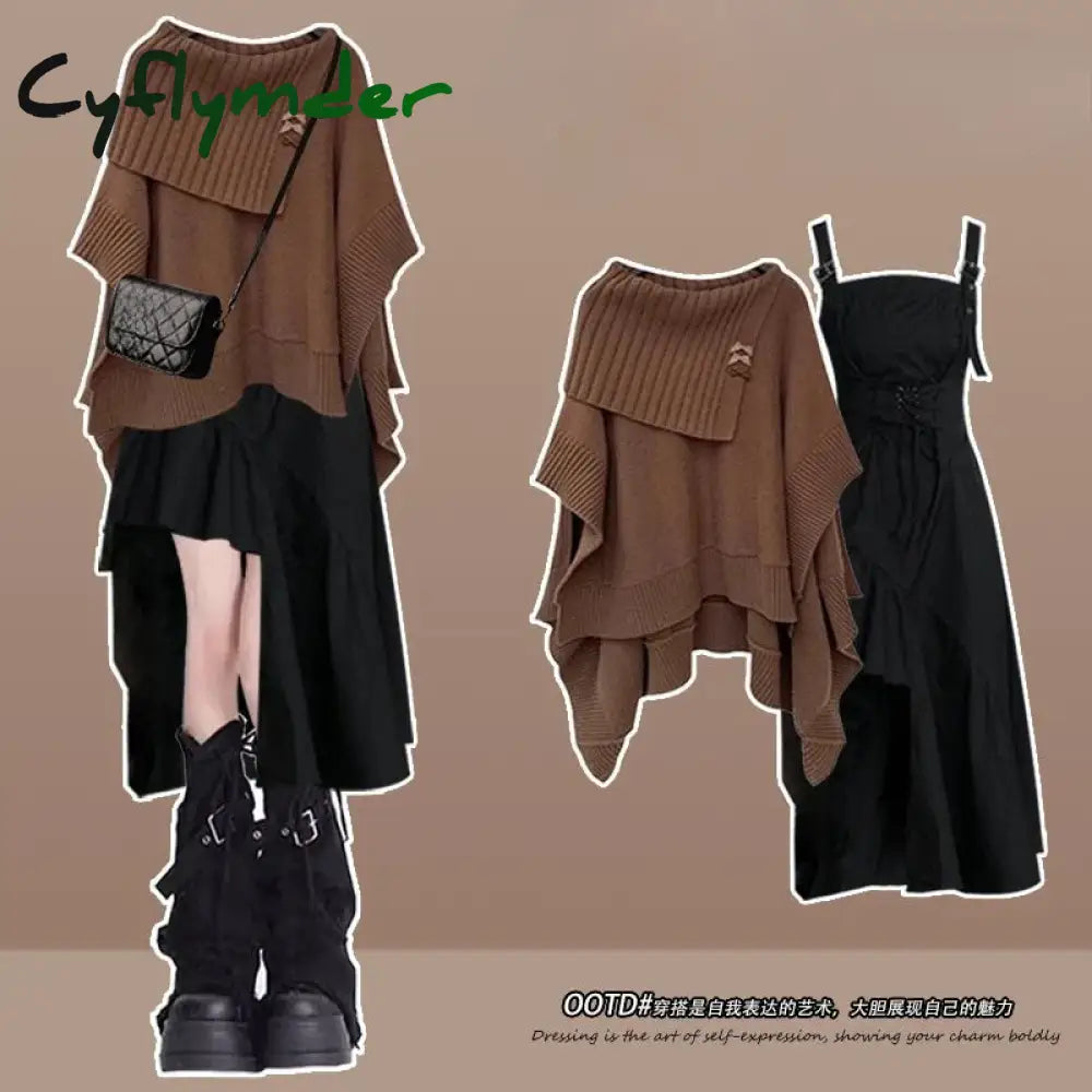 Cyflymder Autumn Winter Elegant Women Dresses Two Piece Set Knitted Shawls Tops with Mini Dress Suits Females All-match