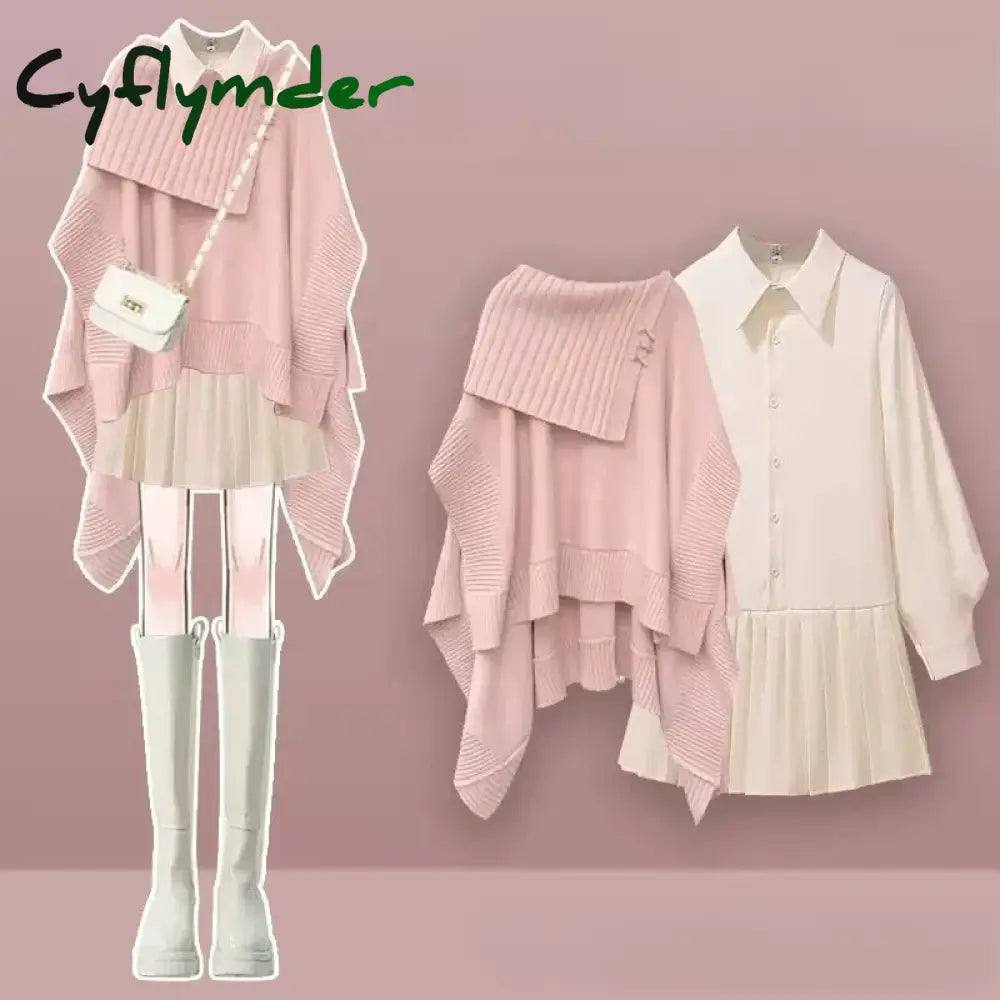 Cyflymder Autumn Winter Elegant Women Dresses Two Piece Set Knitted Shawls Tops with Mini Dress Suits Females All-match