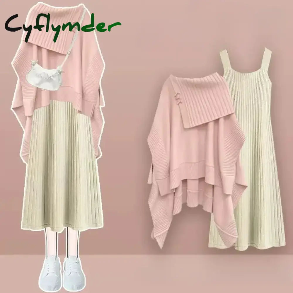 Cyflymder Autumn Winter Elegant Women Dresses Two Piece Set Knitted Shawls Tops with Mini Dress Suits Females All-match
