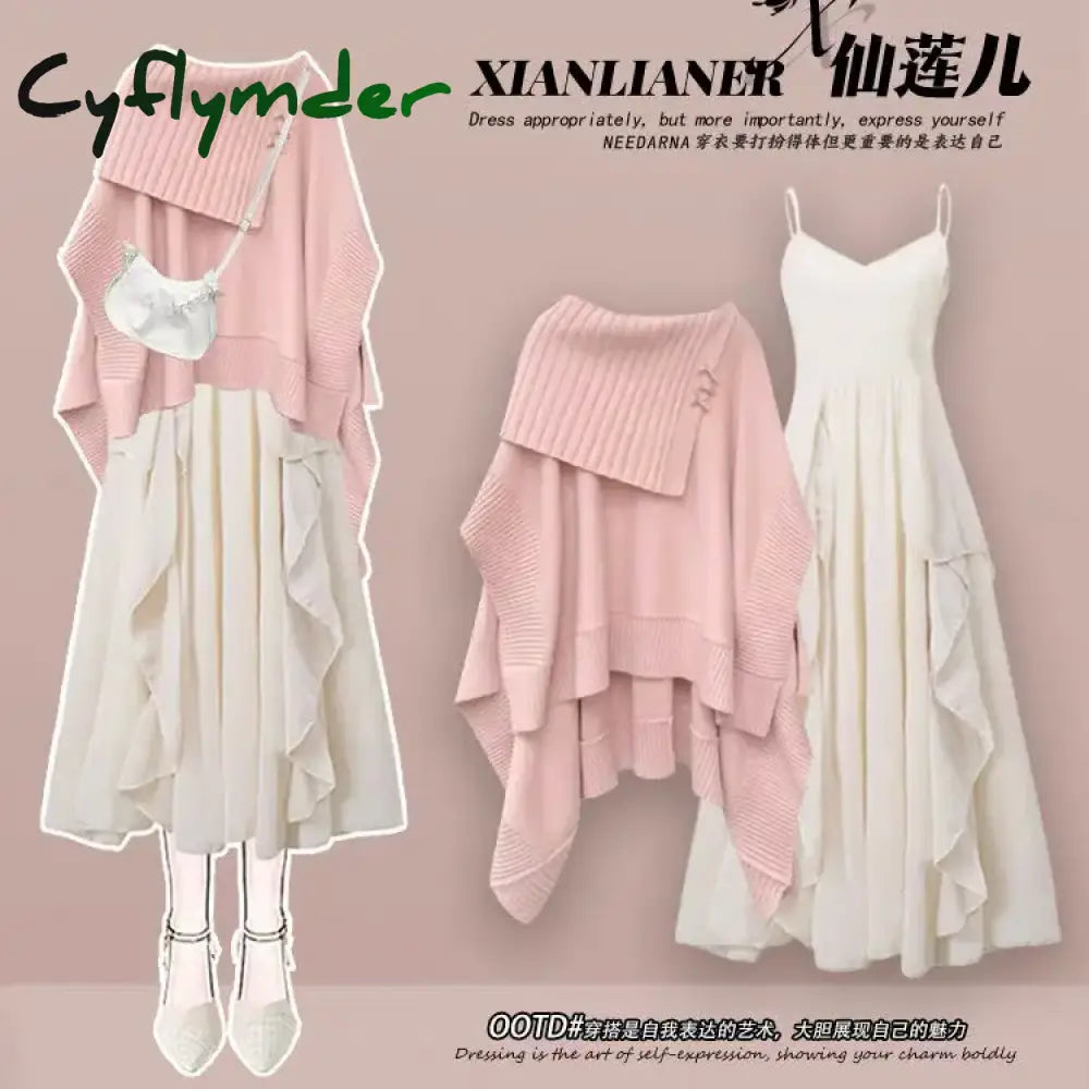 Cyflymder Autumn Winter Elegant Women Dresses Two Piece Set Knitted Shawls Tops with Mini Dress Suits Females All-match