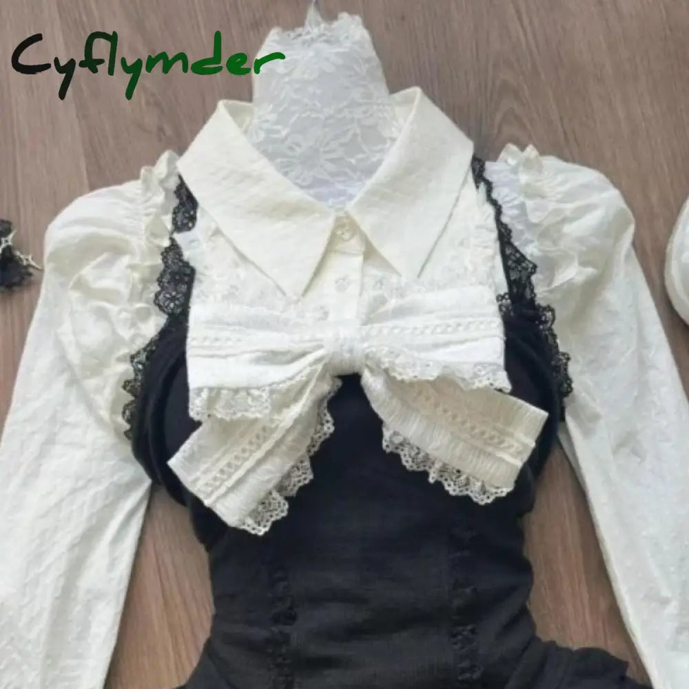 Cyflymder Autumn Winter Fashion Bow 3-piece Set Women Retro Sweet Long Sleeve Shirt Thin Sling + Chic High Waist Lace