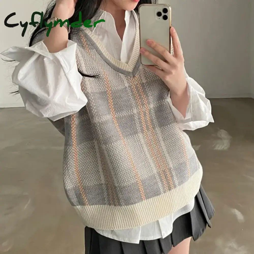 Cyflymder Autumn Winter Female Korean Loose Sweater Vest Vintage Office-Lady V-Neck Jumpers
