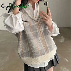 Cyflymder Autumn Winter Female Korean Loose Sweater Vest Vintage Office-Lady V-Neck Jumpers