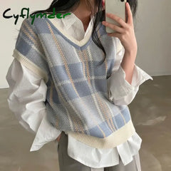 Cyflymder Autumn Winter Female Korean Loose Sweater Vest Vintage Office-Lady V-Neck Jumpers