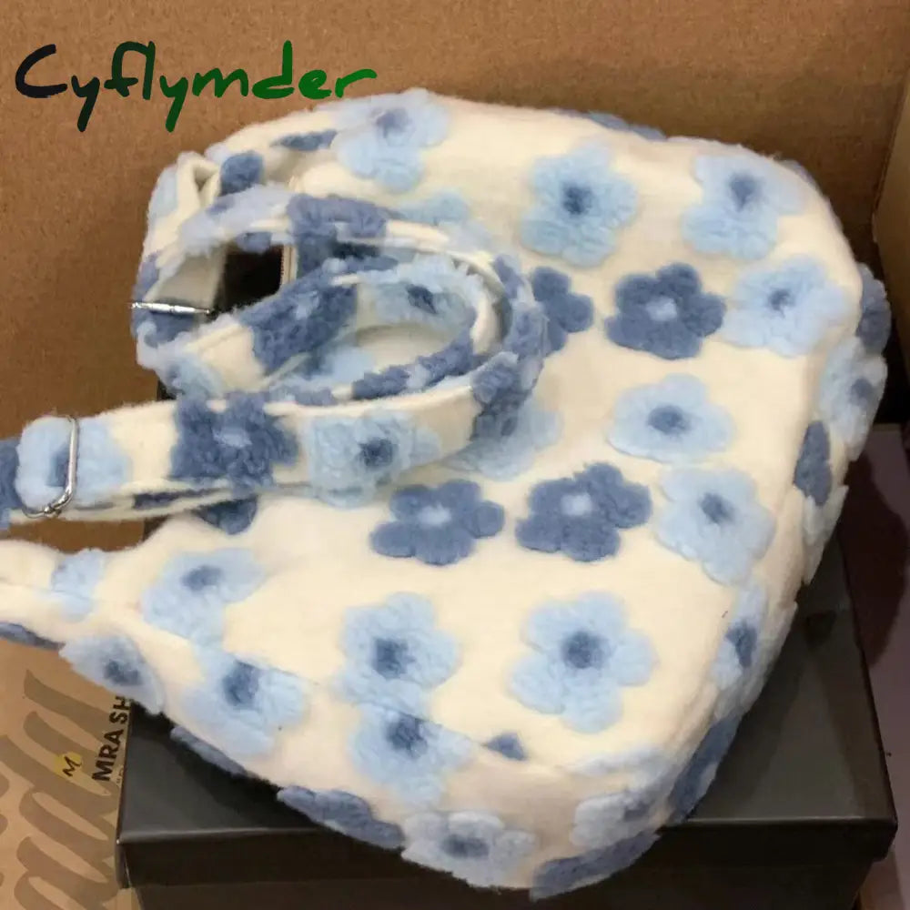 Cyflymder Autumn Winter Flower Lamb Wool Plush Bag Student Large Capacity Tote Shoulder Women