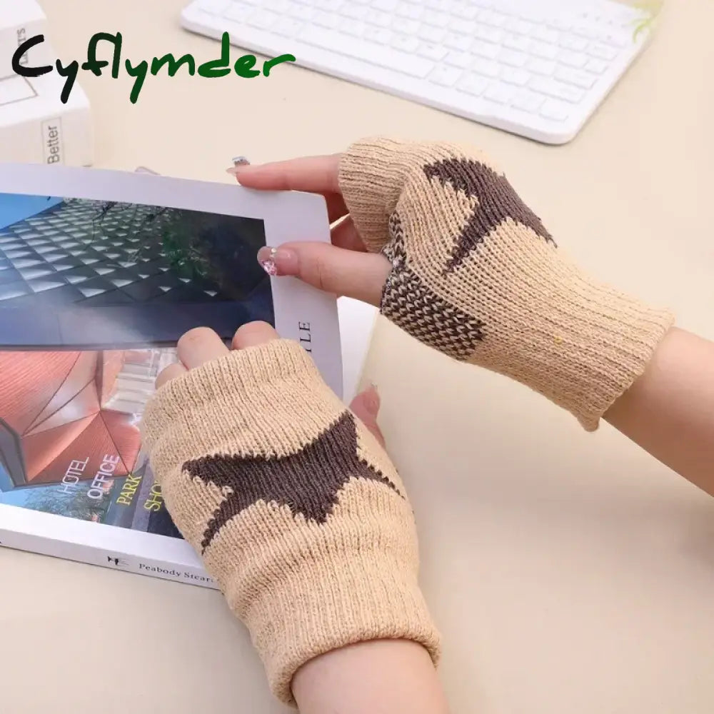 Cyflymder Autumn Winter Knitted Woolen Gloves Ins Fashion Y2K Men Women Half Finger Warm Five Pointed Star Fingerless