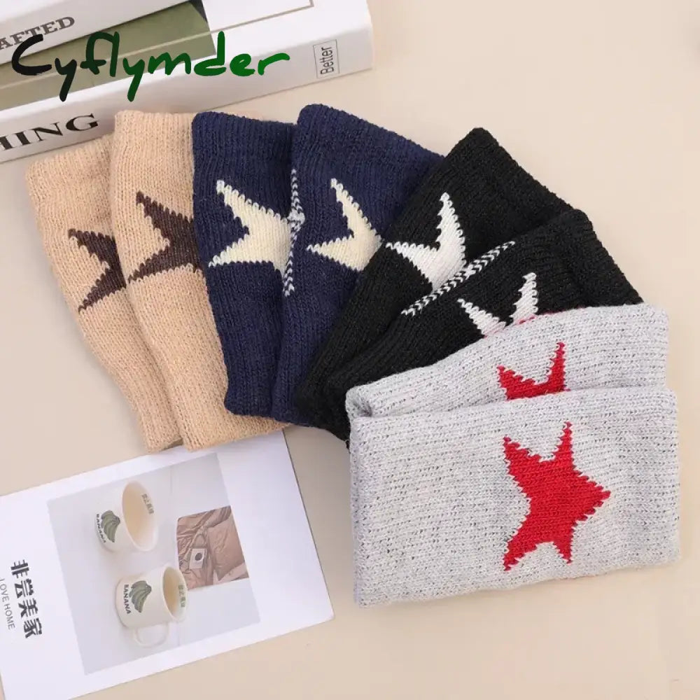 Cyflymder Autumn Winter Knitted Woolen Gloves Ins Fashion Y2K Men Women Half Finger Warm Five Pointed Star Fingerless