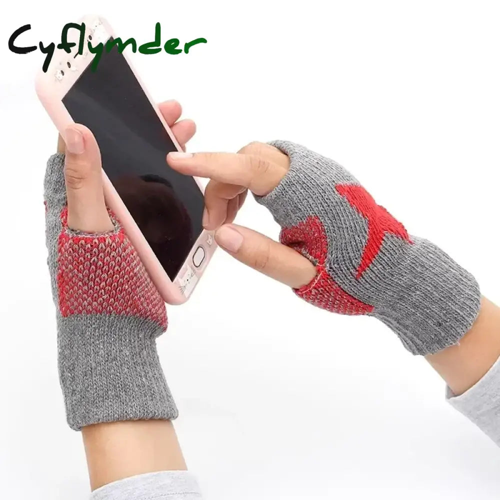 Cyflymder Autumn Winter Knitted Woolen Gloves Ins Fashion Y2K Men Women Half Finger Warm Five Pointed Star Fingerless