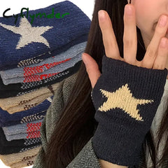 Cyflymder Autumn Winter Knitted Woolen Gloves Ins Fashion Y2K Men Women Half Finger Warm Five Pointed Star Fingerless