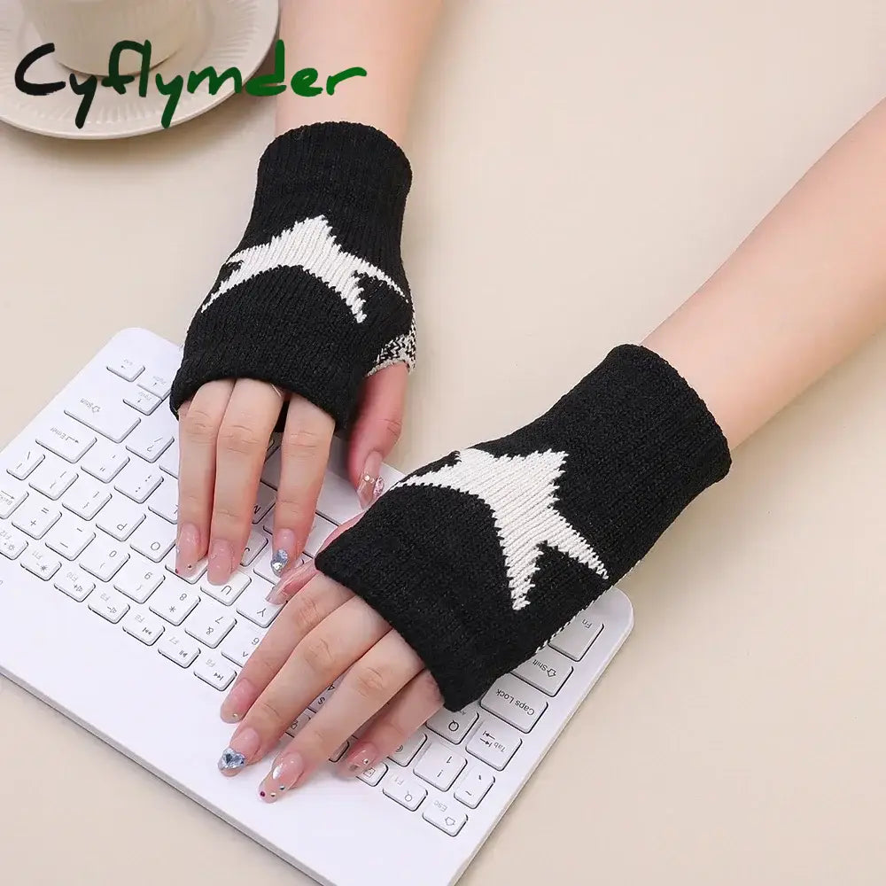 Cyflymder Autumn Winter Knitted Woolen Gloves Ins Fashion Y2K Men Women Half Finger Warm Five Pointed Star Fingerless