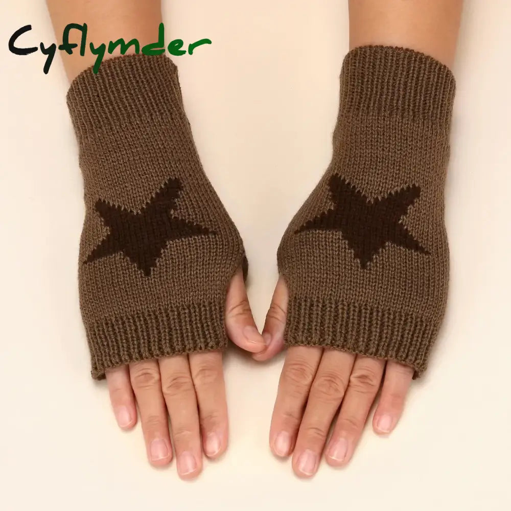 Cyflymder Autumn Winter Knitted Woolen Gloves Ins Fashion Y2K Men Women Half Finger Warm Five Pointed Star Fingerless