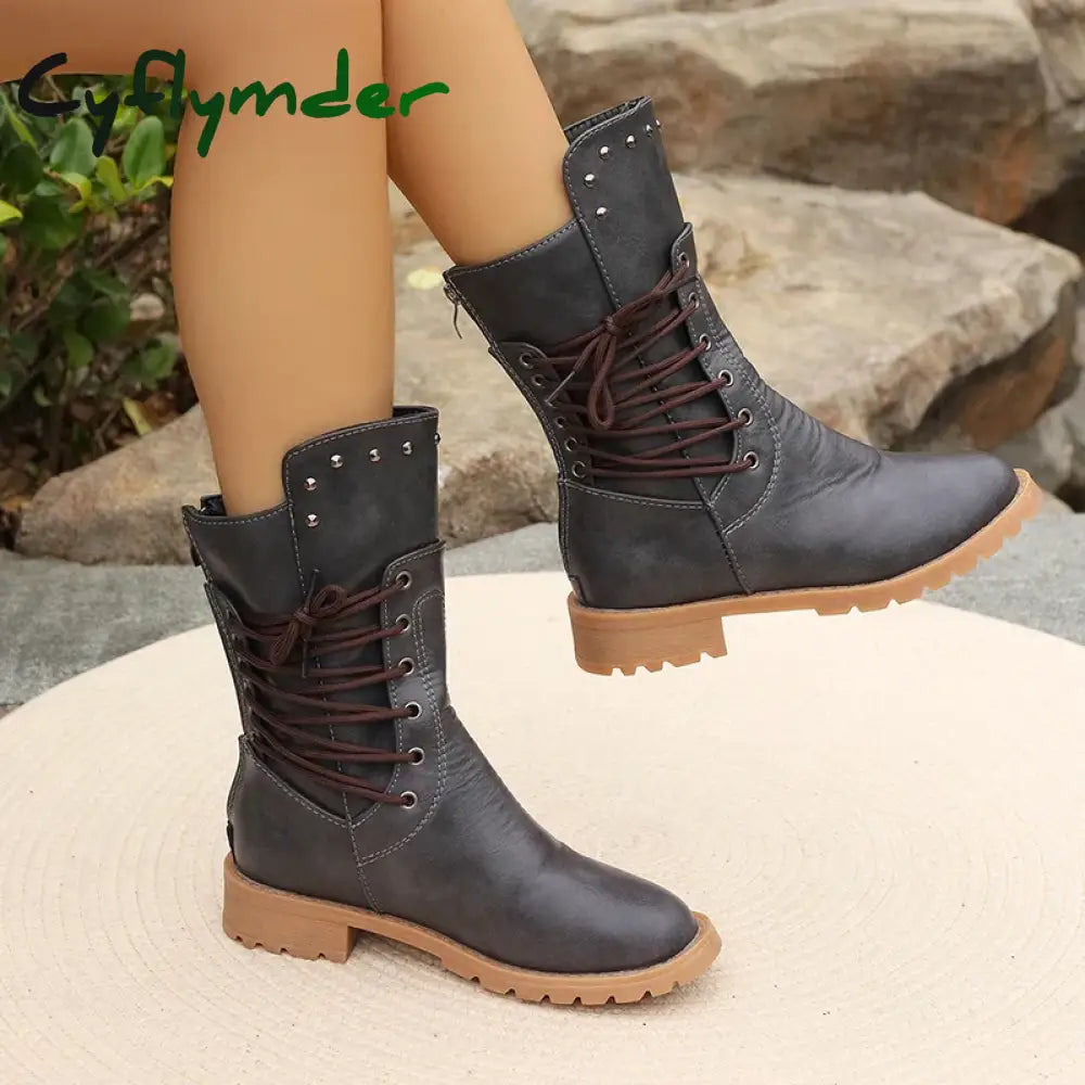 Cyflymder Autumn Winter Lace Up Mid Length Boots Women Retro Rivet Large Size Pu Leather Boots Fashion Solid Thick Heel