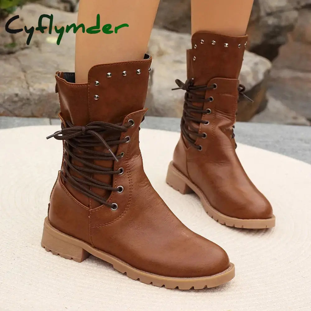 Cyflymder Autumn Winter Lace Up Mid Length Boots Women Retro Rivet Large Size Pu Leather Boots Fashion Solid Thick Heel