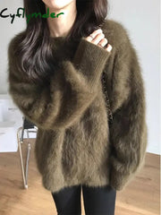 Cyflymder Autumn Winter Mink Fleece Sweater Women’s Knitted Pullovers Thick Loose Casual Outerwear Solid O Neck