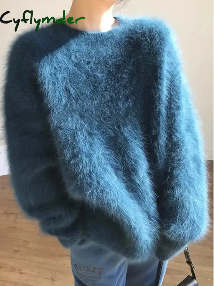 Cyflymder Autumn Winter Mink Fleece Sweater Women’s Knitted Pullovers Thick Loose Casual Outerwear Solid O Neck