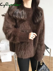 Cyflymder Autumn Winter Mink Fleece Sweater Women’s Knitted Pullovers Thick Loose Casual Outerwear Solid O Neck