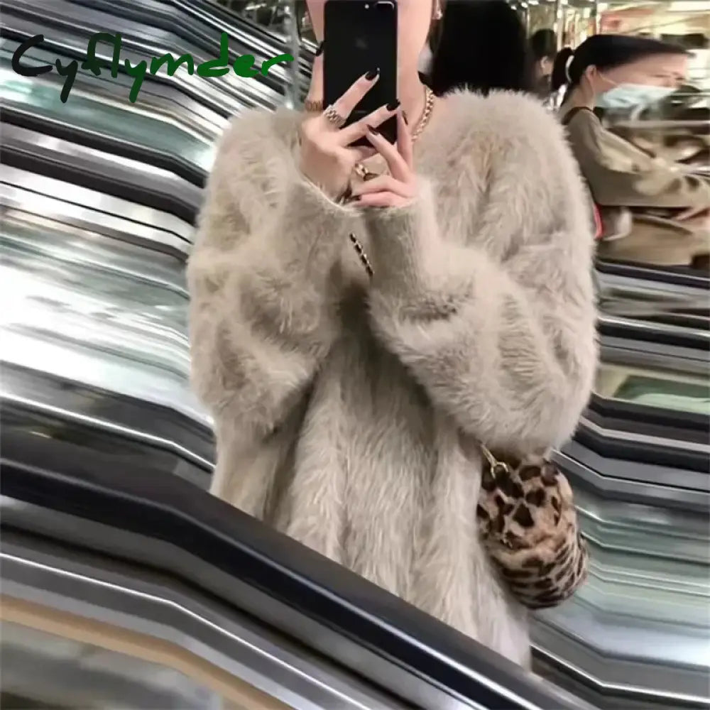 Cyflymder Autumn Winter Mink Fleece Sweater Women’s Knitted Pullovers Thick Loose Casual Outerwear Solid O Neck