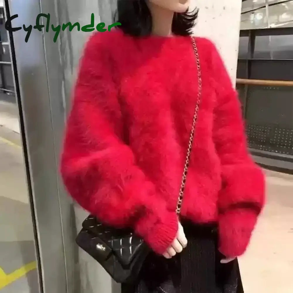 Cyflymder Autumn Winter Mink Fleece Sweater Women’s Knitted Pullovers Thick Loose Casual Outerwear Solid O Neck