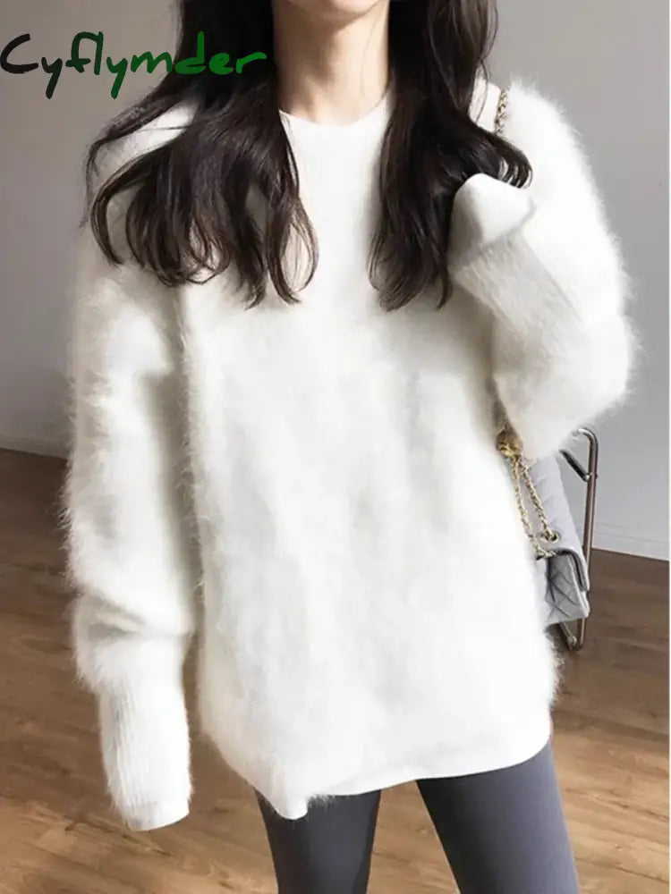 Cyflymder Autumn Winter Mink Fleece Sweater Women’s Knitted Pullovers Thick Loose Casual Outerwear Solid O Neck