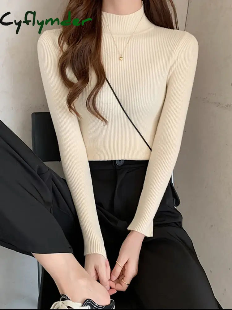 Cyflymder Autumn Winter Mock Neck Women Sweater Vintage Basic Solid Knitted Tops Casual Slim