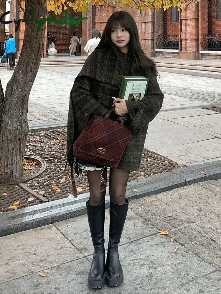 Cyflymder Autumn/Winter New Retro Plaid Cloak Shawl Woolen Coat Women Winter Clothes Korean Style Chic Loose Wool