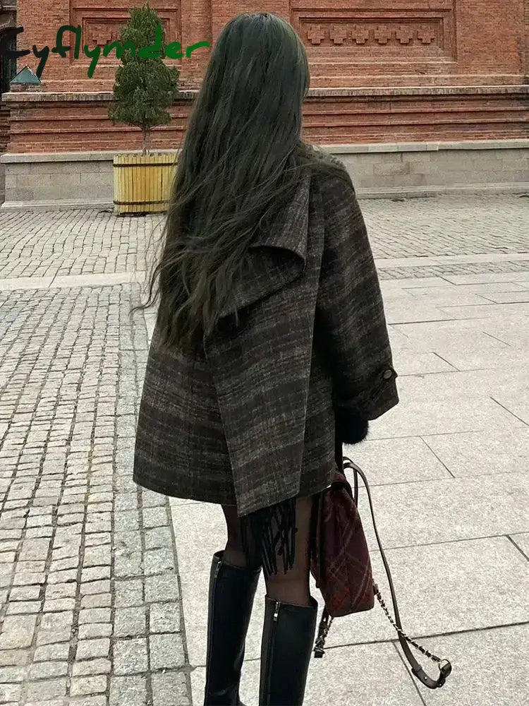 Cyflymder Autumn/Winter New Retro Plaid Cloak Shawl Woolen Coat Women Winter Clothes Korean Style Chic Loose Wool