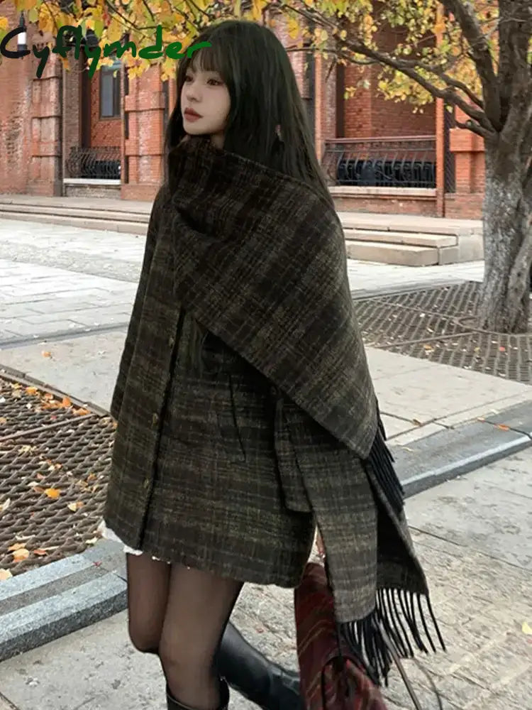 Cyflymder Autumn/Winter New Retro Plaid Cloak Shawl Woolen Coat Women Winter Clothes Korean Style Chic Loose Wool