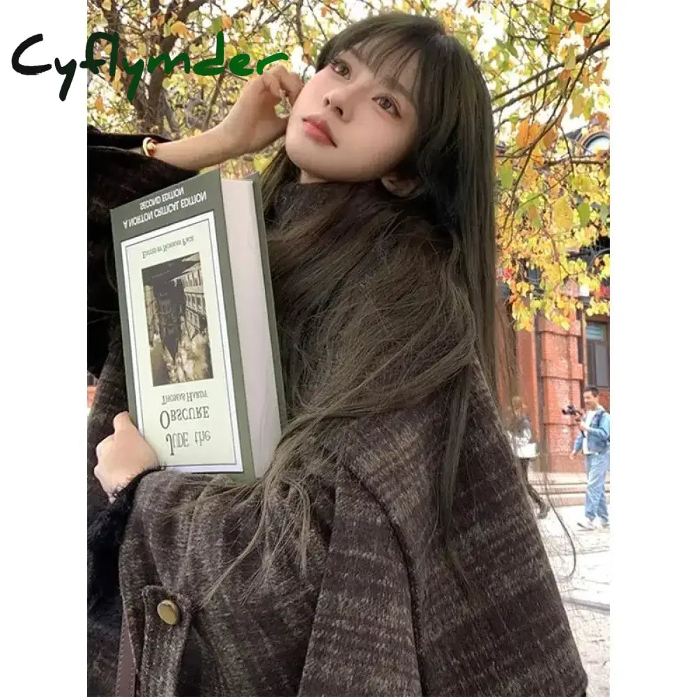 Cyflymder Autumn/Winter New Retro Plaid Cloak Shawl Woolen Coat Women Winter Clothes Korean Style Chic Loose Wool