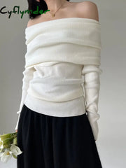 Cyflymder Autumn Winter Off Shoulder Women Sweaters Elegant Vintage Knitted Solid Jumper High Stretch Top Soft Chic