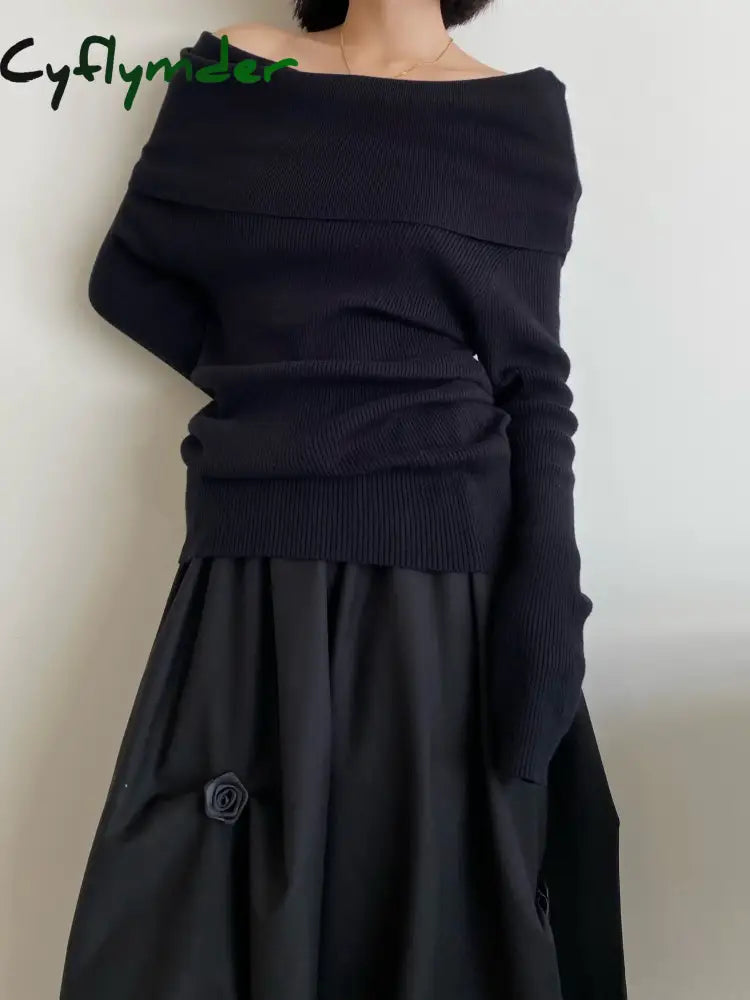 Cyflymder Autumn Winter Off Shoulder Women Sweaters Elegant Vintage Knitted Solid Jumper High Stretch Top Soft Chic