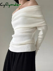 Cyflymder Autumn Winter Off Shoulder Women Sweaters Elegant Vintage Knitted Solid Jumper High Stretch Top Soft Chic