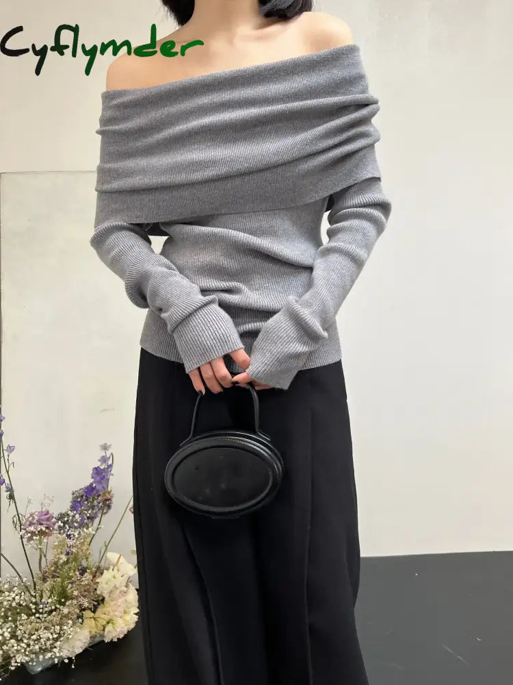 Cyflymder Autumn Winter Off Shoulder Women Sweaters Elegant Vintage Knitted Solid Jumper High Stretch Top Soft Chic
