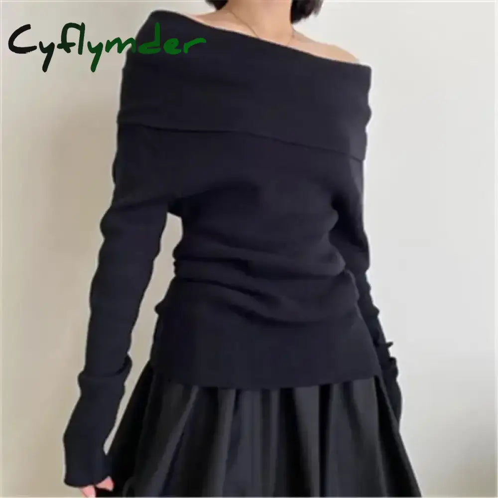 Cyflymder Autumn Winter Off Shoulder Women Sweaters Elegant Vintage Knitted Solid Jumper High Stretch Top Soft Chic