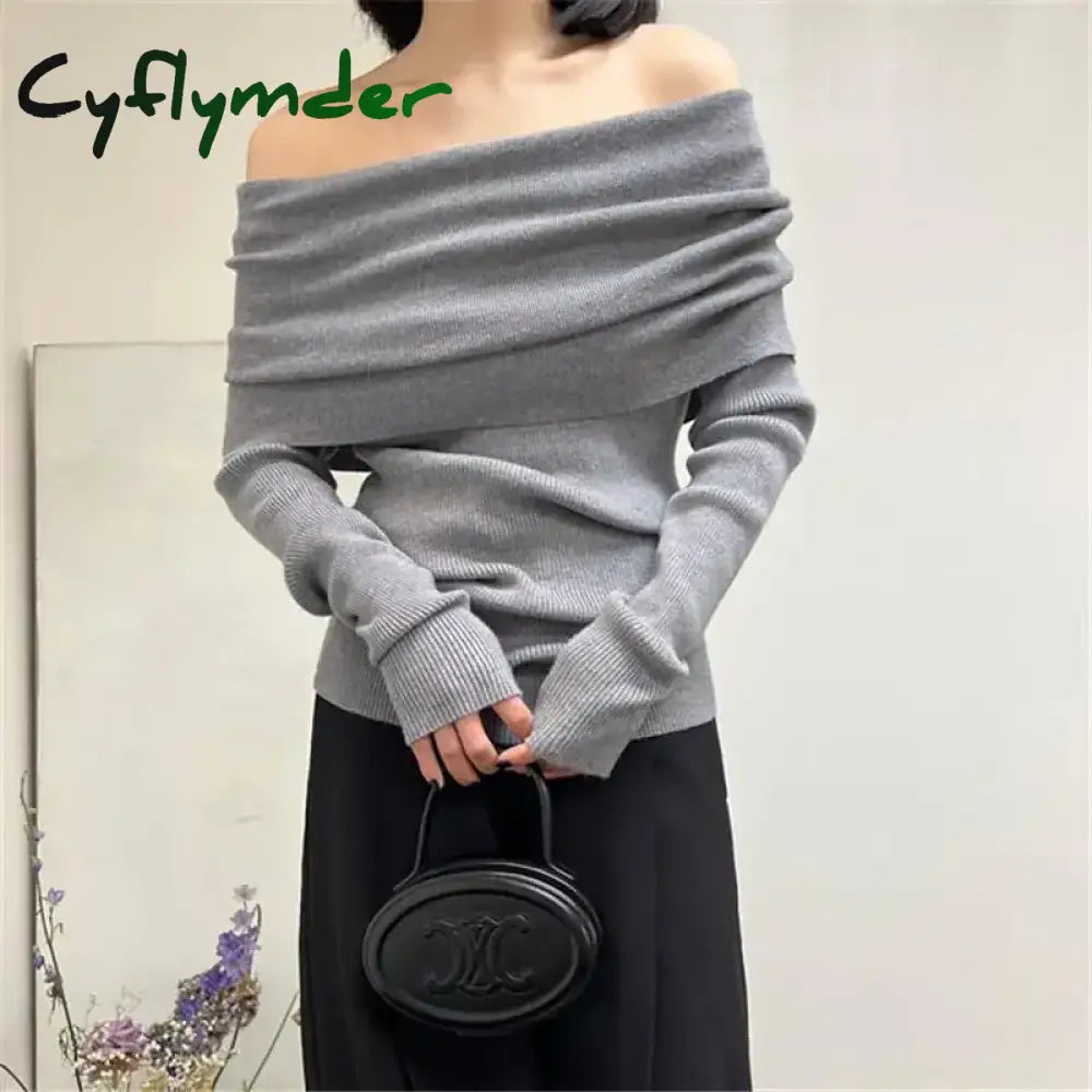 Cyflymder Autumn Winter Off Shoulder Women Sweaters Elegant Vintage Knitted Solid Jumper High Stretch Top Soft Chic