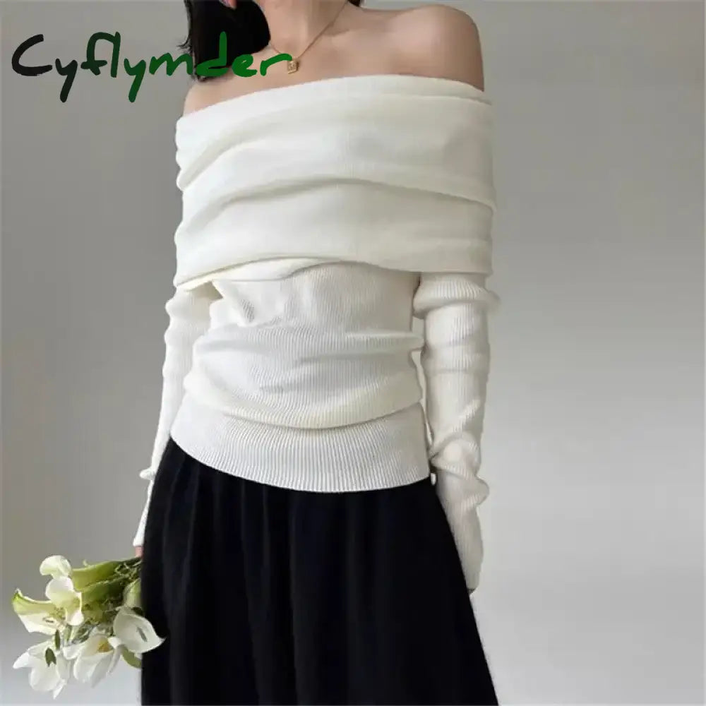 Cyflymder Autumn Winter Off Shoulder Women Sweaters Elegant Vintage Knitted Solid Jumper High Stretch Top Soft Chic