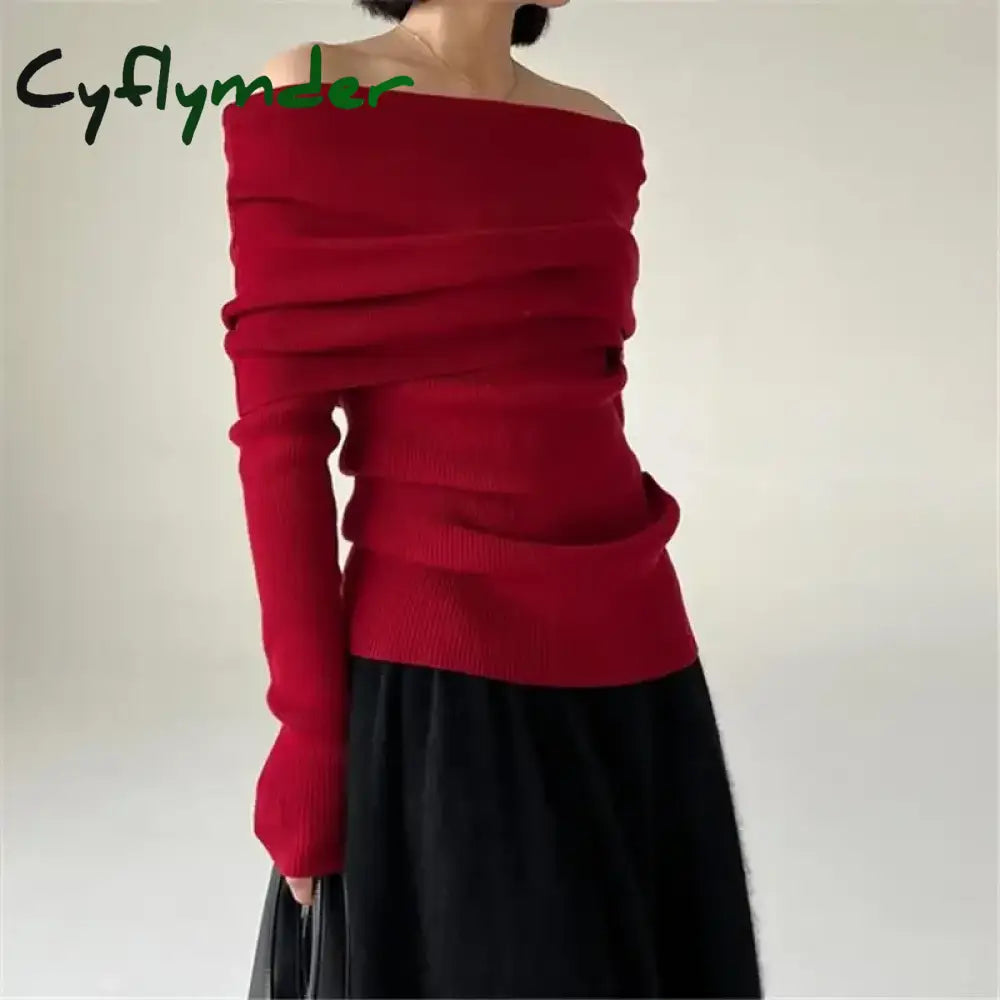 Cyflymder Autumn Winter Off Shoulder Women Sweaters Elegant Vintage Knitted Solid Jumper High Stretch Top Soft Chic