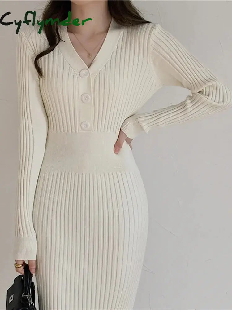 Cyflymder Autumn Winter Sweater Dress For Women New Arrivals Buttons Up V Neck High Waist Long