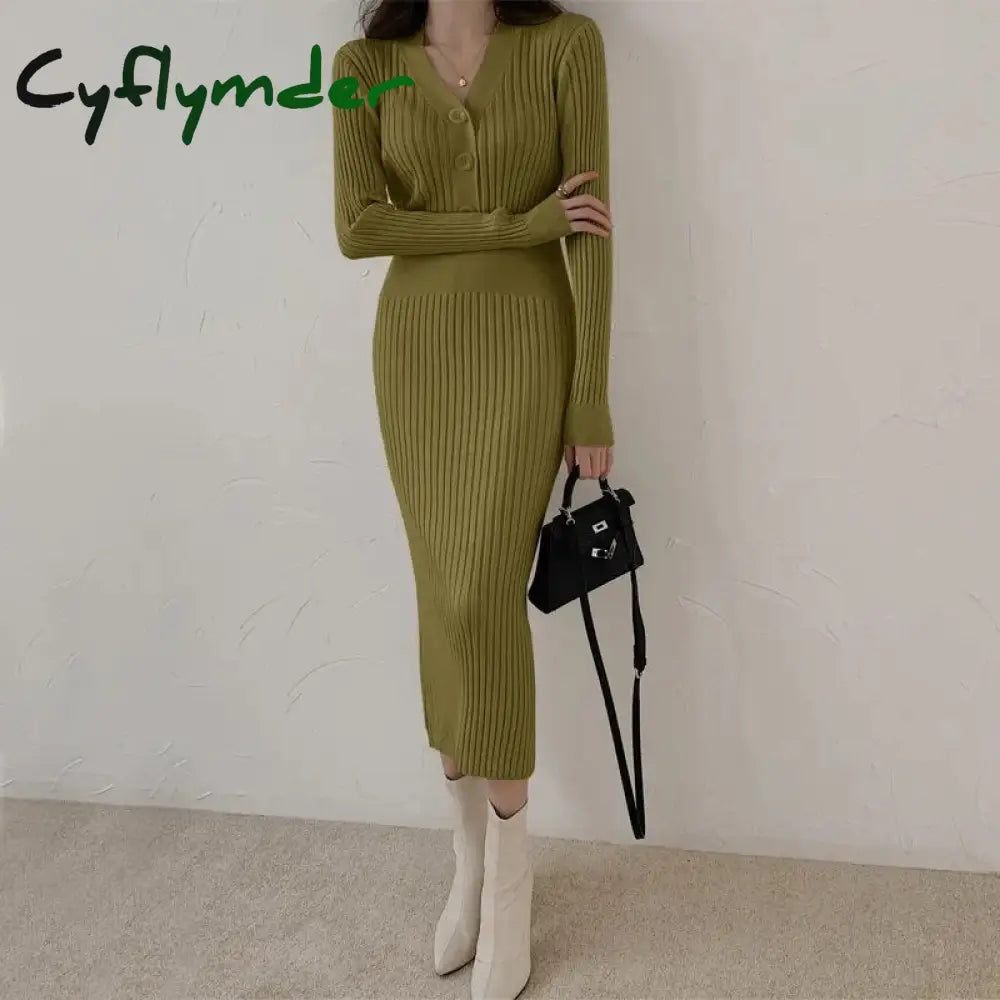 Cyflymder Autumn Winter Sweater Dress For Women New Arrivals Buttons Up V Neck High Waist Long