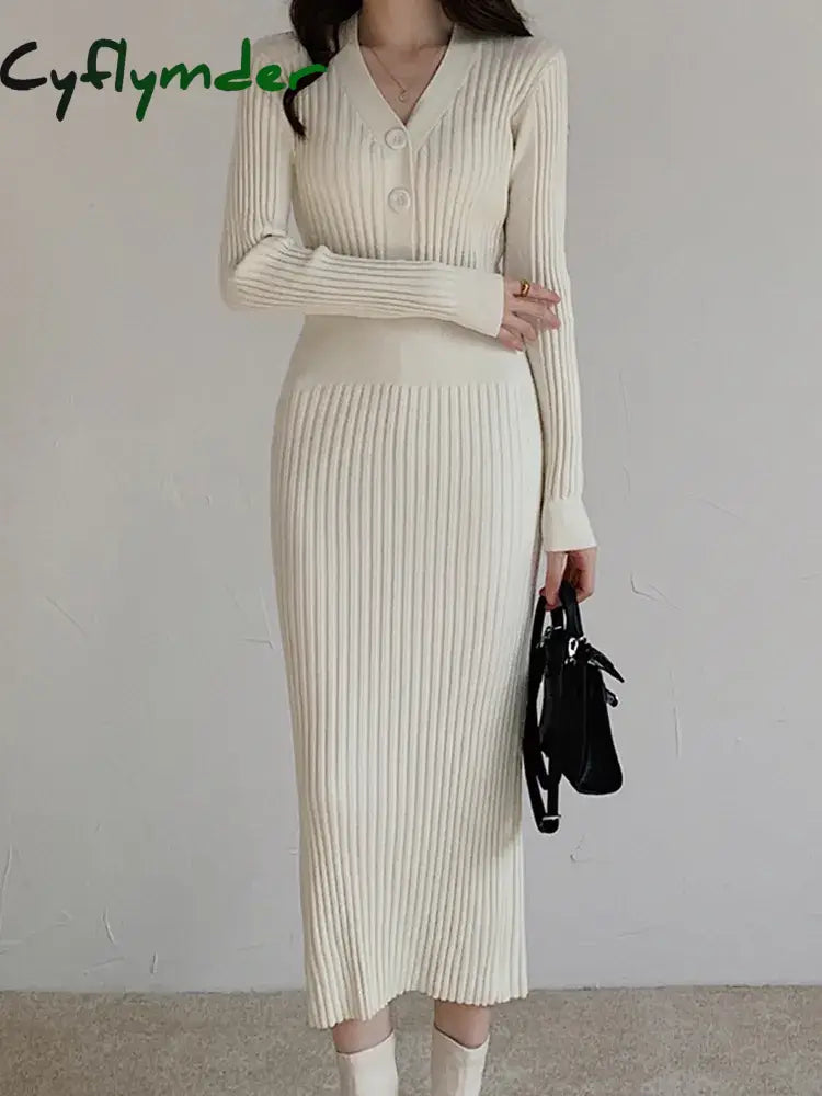 Cyflymder Autumn Winter Sweater Dress For Women New Arrivals Buttons Up V Neck High Waist Long