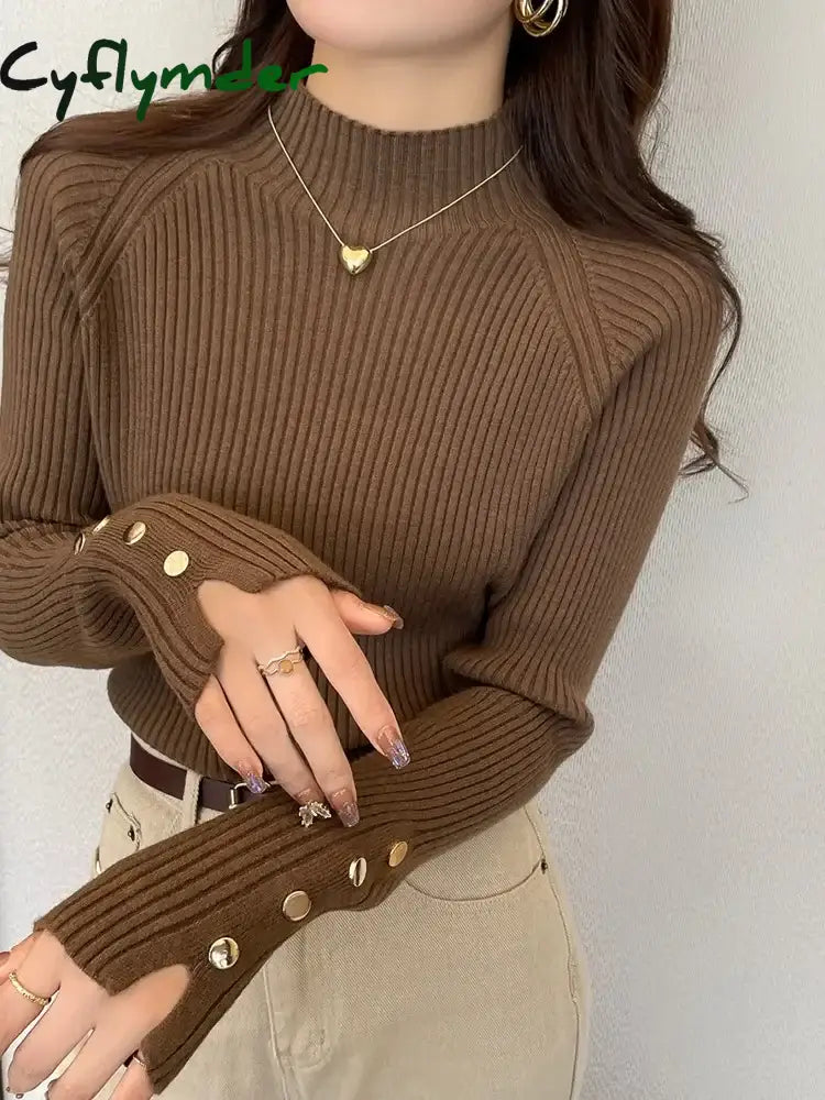 Cyflymder Autumn Winter Sweater Women Pullovers Long Sleeve Tops Clothes Slim Knit Soft Jumper Streetwear Button