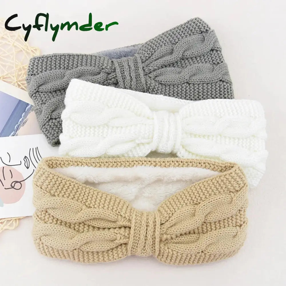 Cyflymder Autumn Winter Thicken Knitting Woolen Wide Headband For Women Plush Lined Headwrap Turban