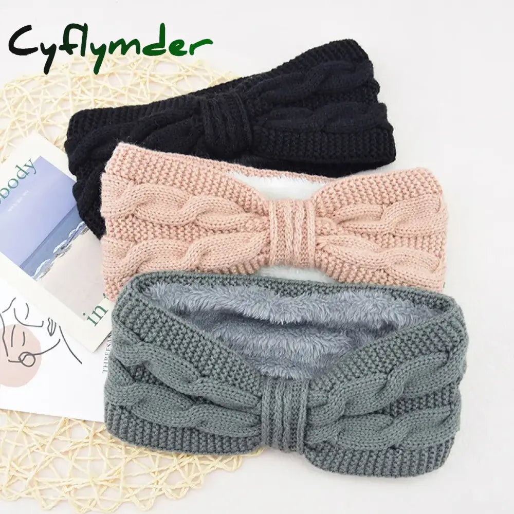 Cyflymder Autumn Winter Thicken Knitting Woolen Wide Headband For Women Plush Lined Headwrap Turban