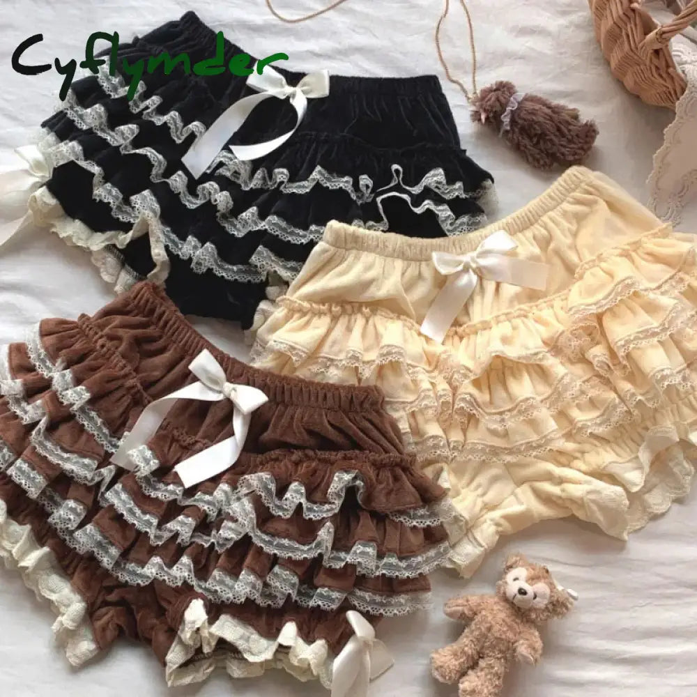 Cyflymder Autumn Winter Warm Lolita Safety Short Pants Women Sweet Chic Plush Bloomers Japanese Y2K