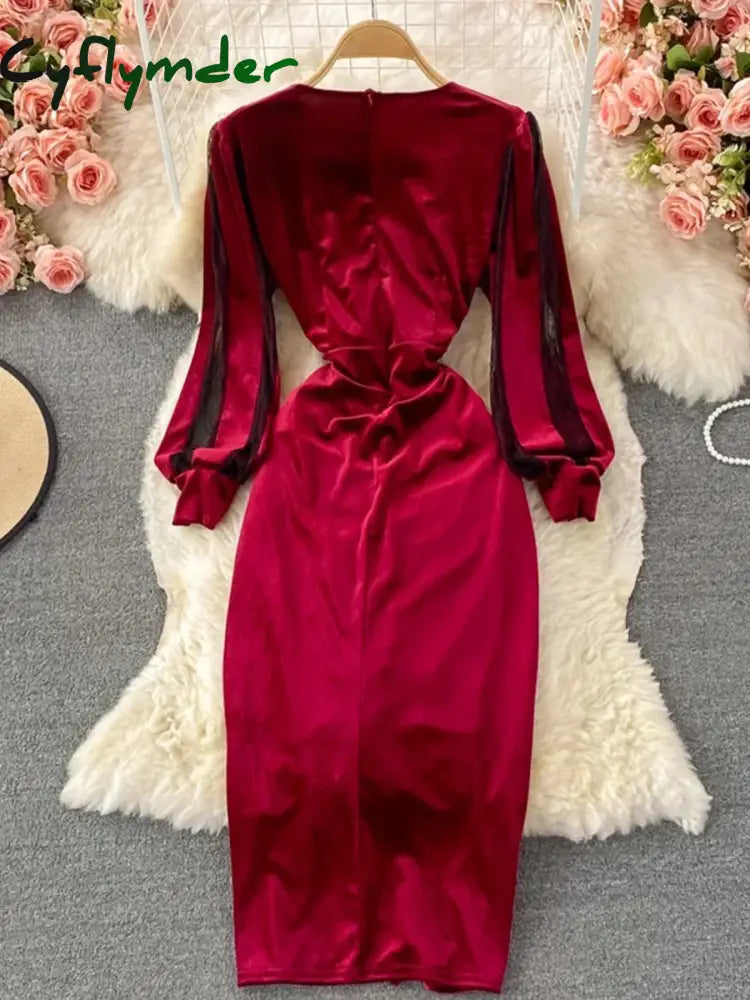 Cyflymder Autumn Winter Women Black/Red Draped Bodycon Midi Dress Vintage V-Neck Mesh Patchwork Long Sleeve High Waist
