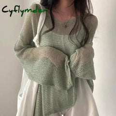 Cyflymder Autumn Winter Women Knit Lantern Sleeve Casual Tops Hollow Out Loose Shirts For Beach