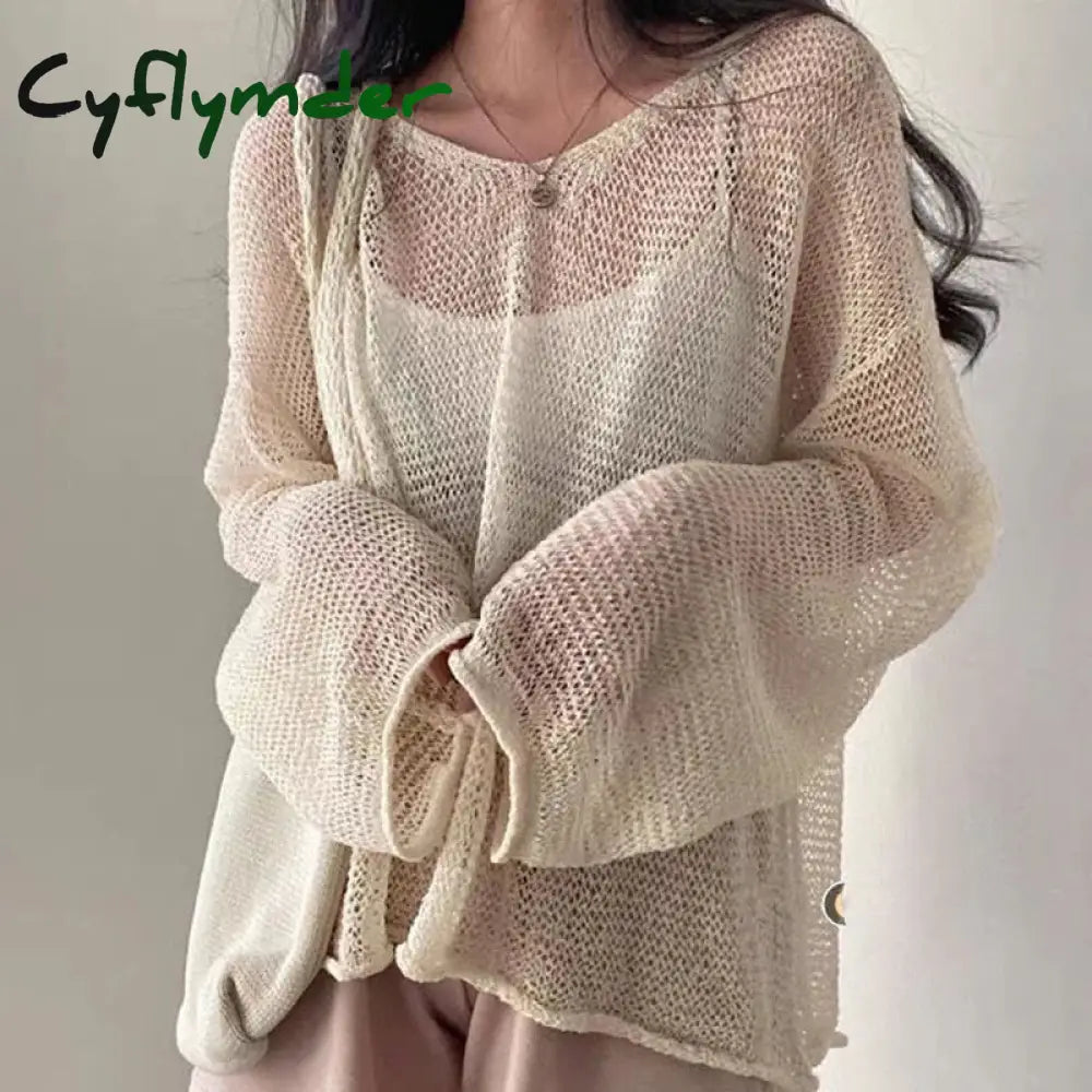 Cyflymder Autumn Winter Women Knit Lantern Sleeve Casual Tops Hollow Out Loose Shirts For Beach