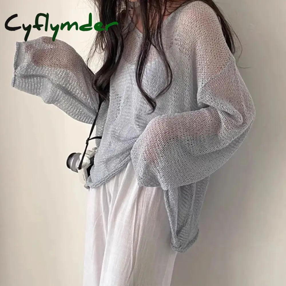 Cyflymder Autumn Winter Women Knit Lantern Sleeve Casual Tops Hollow Out Loose Shirts For Beach