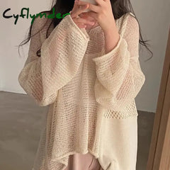 Cyflymder Autumn Winter Women Knit Lantern Sleeve Casual Tops Hollow Out Loose Shirts For Beach