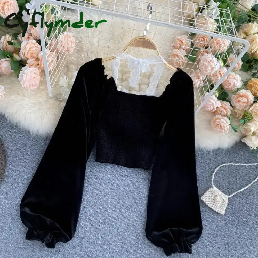 Cyflymder Autumn Women Black Sexy Square Collar Lace Patchwork Velvet Blouse Female Elegant Flare