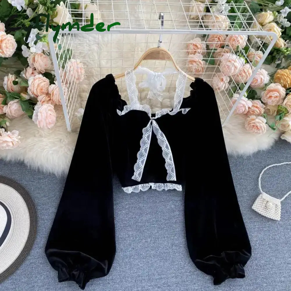 Cyflymder Autumn Women Black Sexy Square Collar Lace Patchwork Velvet Blouse Female Elegant Flare
